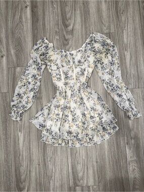 Smocked Floral Puff-Sleeve Mini Dress in White with Blue & Yellow Print